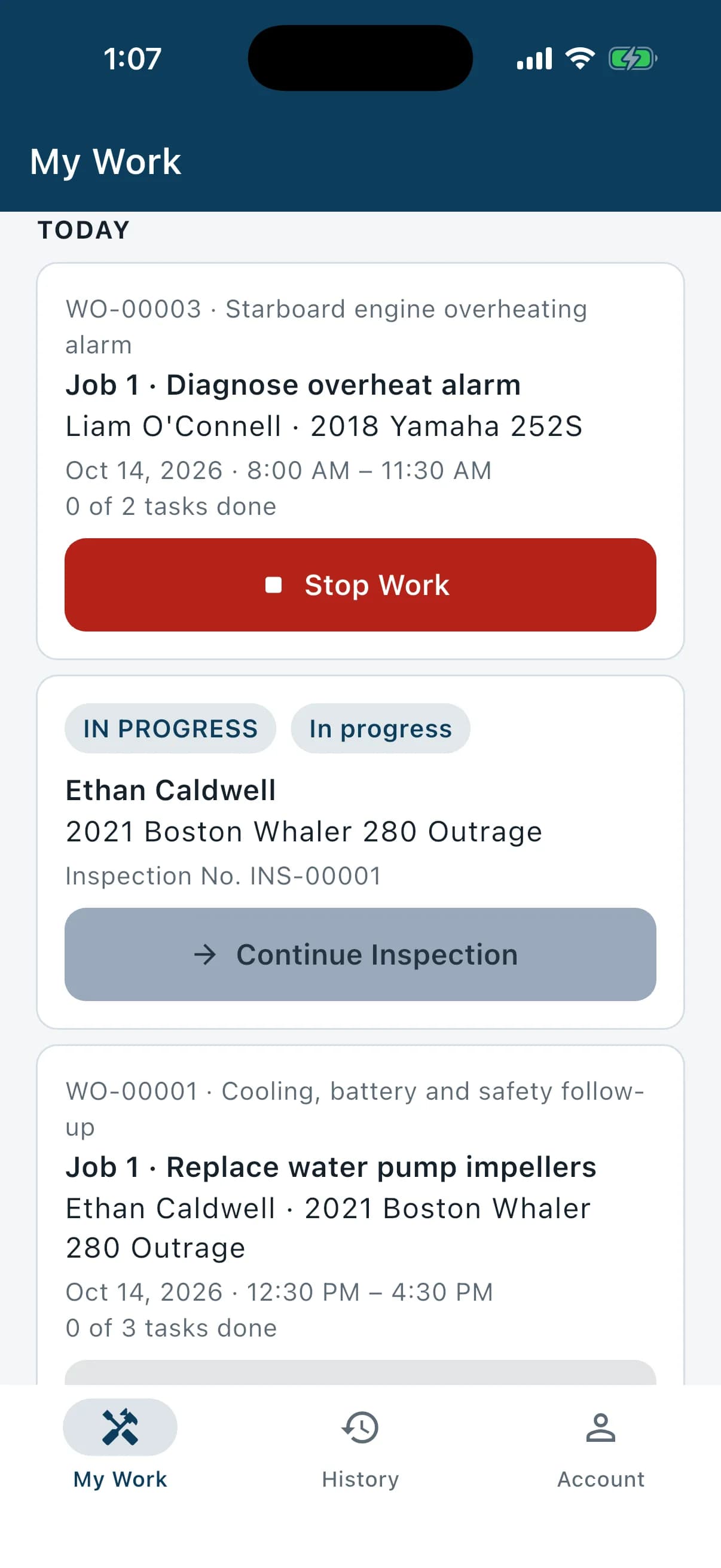 MarineInspect mobile app: today's work